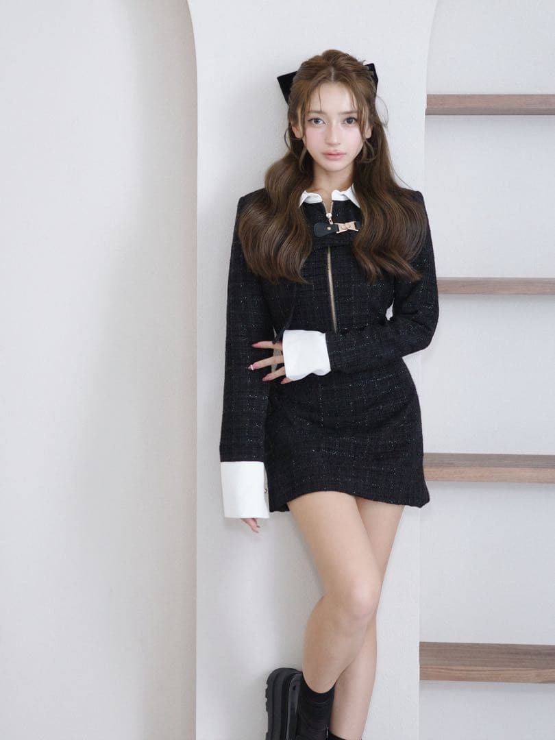 ワンピース Randy Asymmetry buckle tweed dress