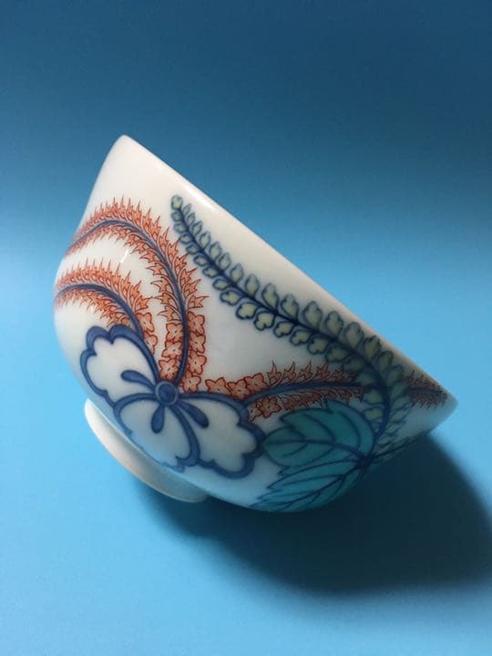 人間国宝 十三代 今泉今右衛門 色鍋島桐文茶碗 本人作 彫銘 茶道具 抹茶碗