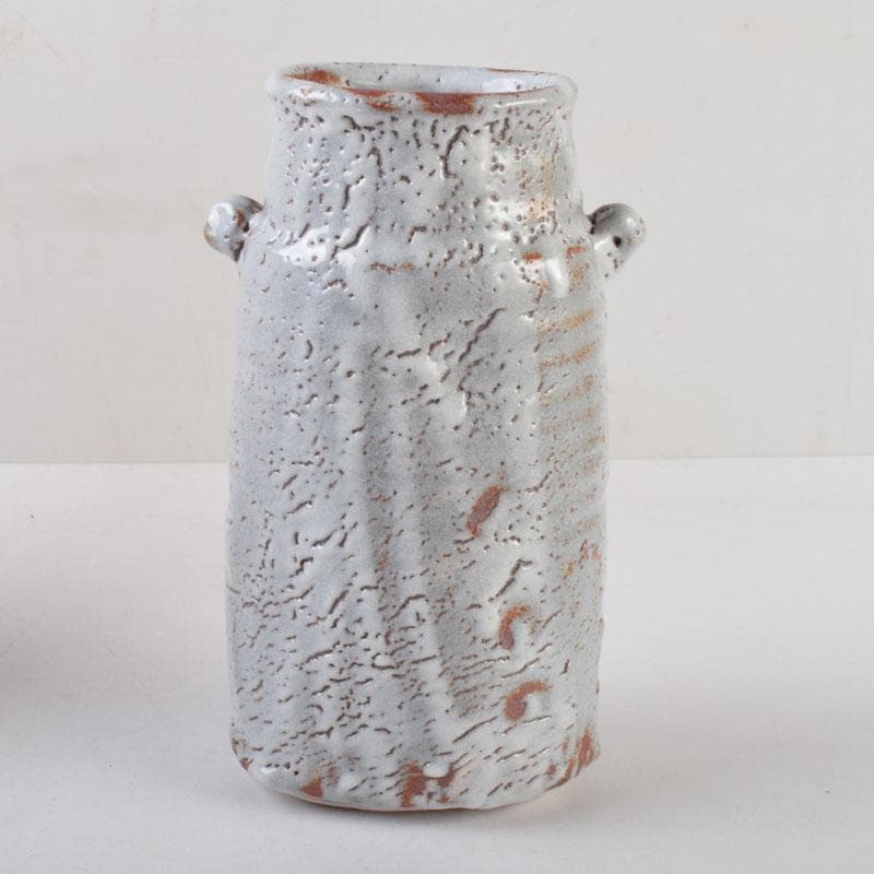 安藤日出武作　鼠志野　双耳花生　花瓶　共箱　V　8585