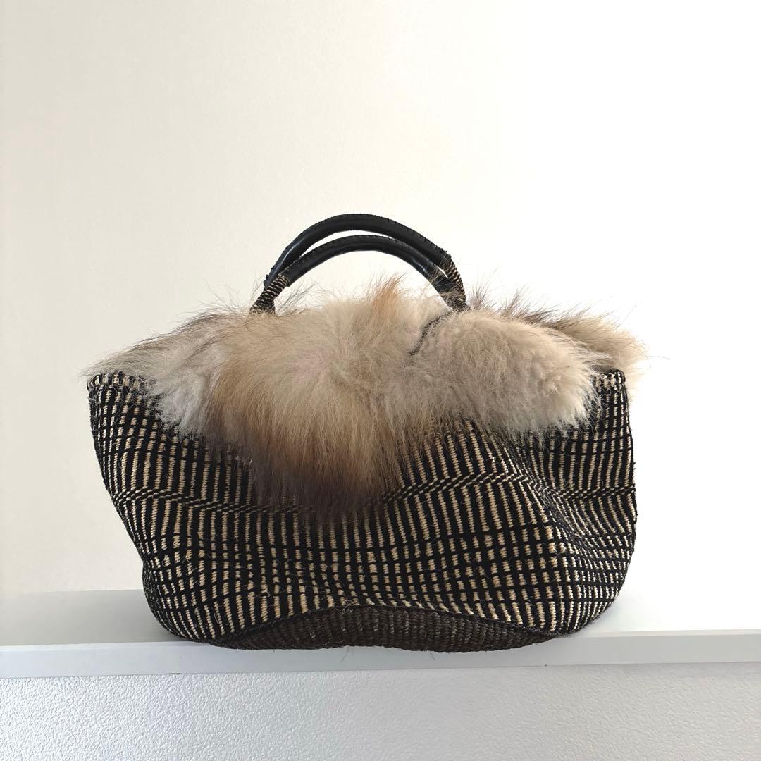 美品　フォックスファーバッグ　かごバッグ　本革持ち手　天然素材