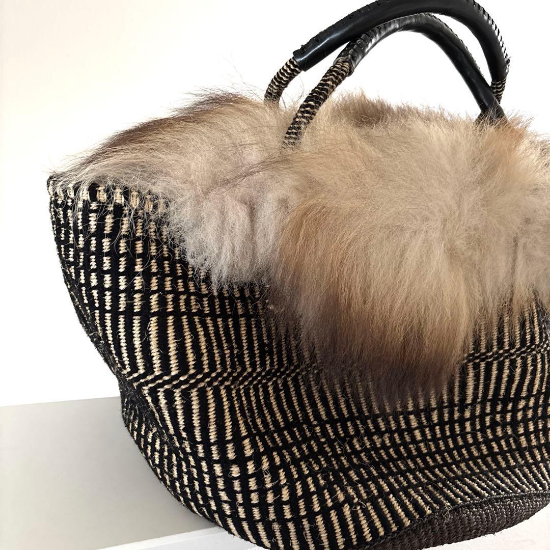美品　フォックスファーバッグ　かごバッグ　本革持ち手　天然素材