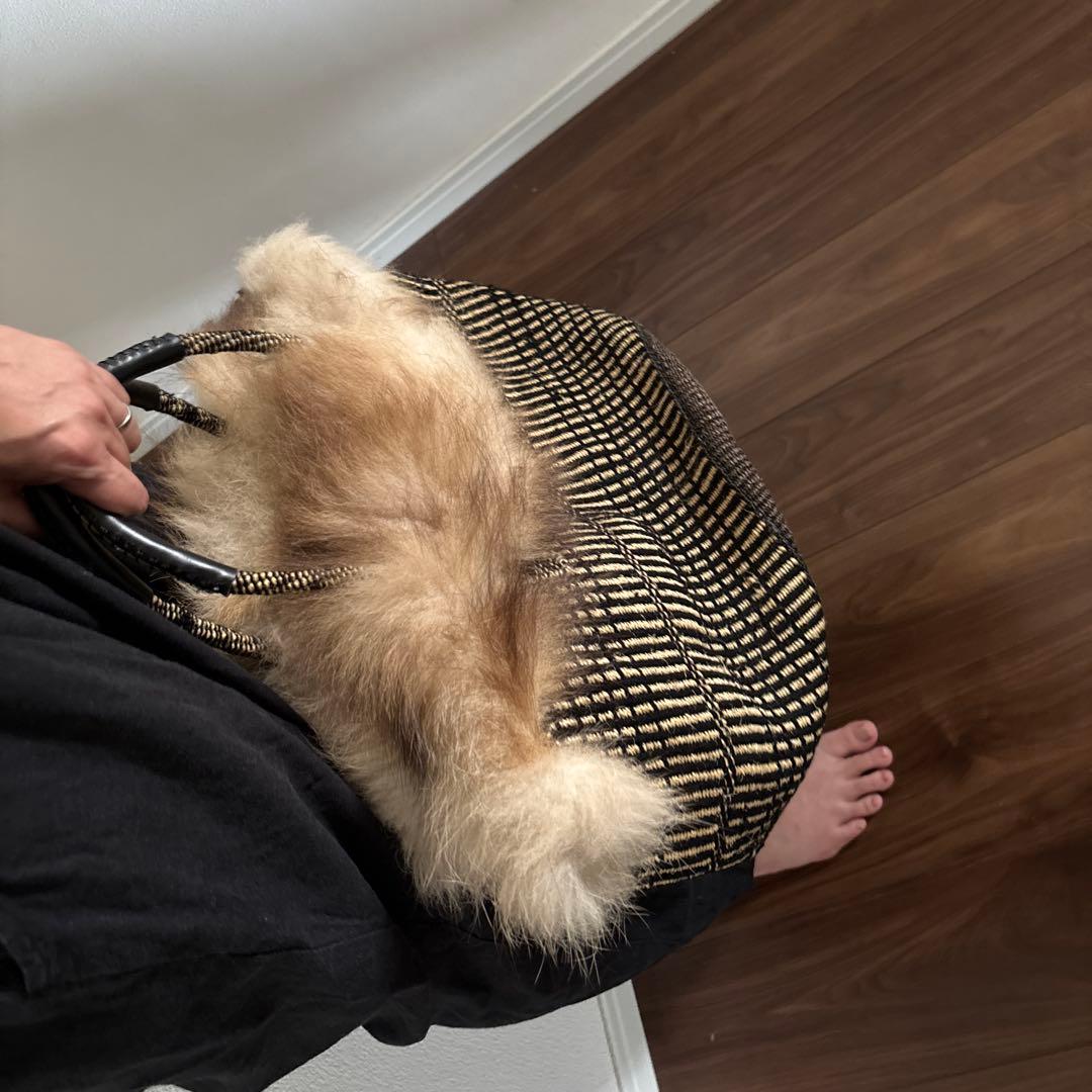 美品　フォックスファーバッグ　かごバッグ　本革持ち手　天然素材