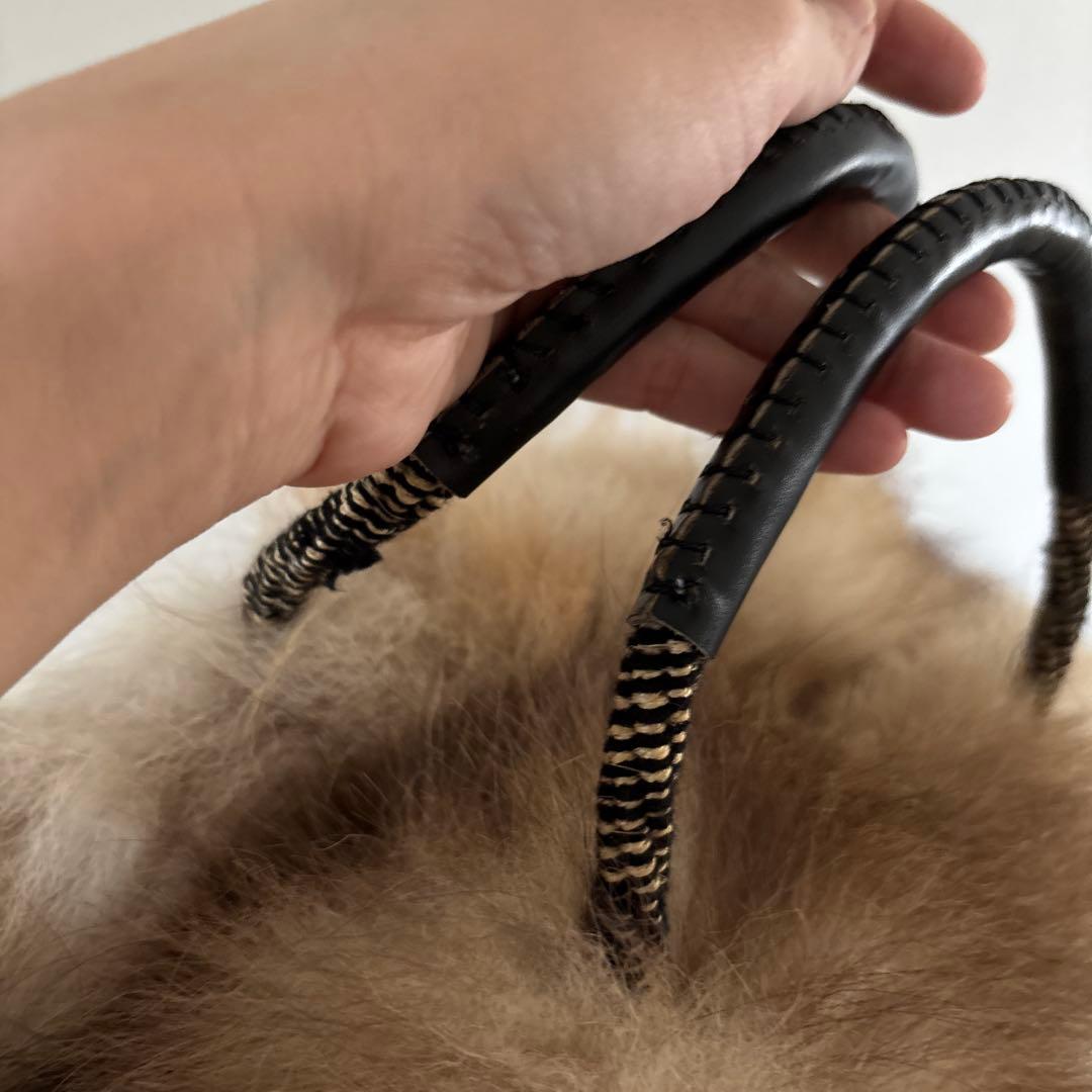 美品　フォックスファーバッグ　かごバッグ　本革持ち手　天然素材