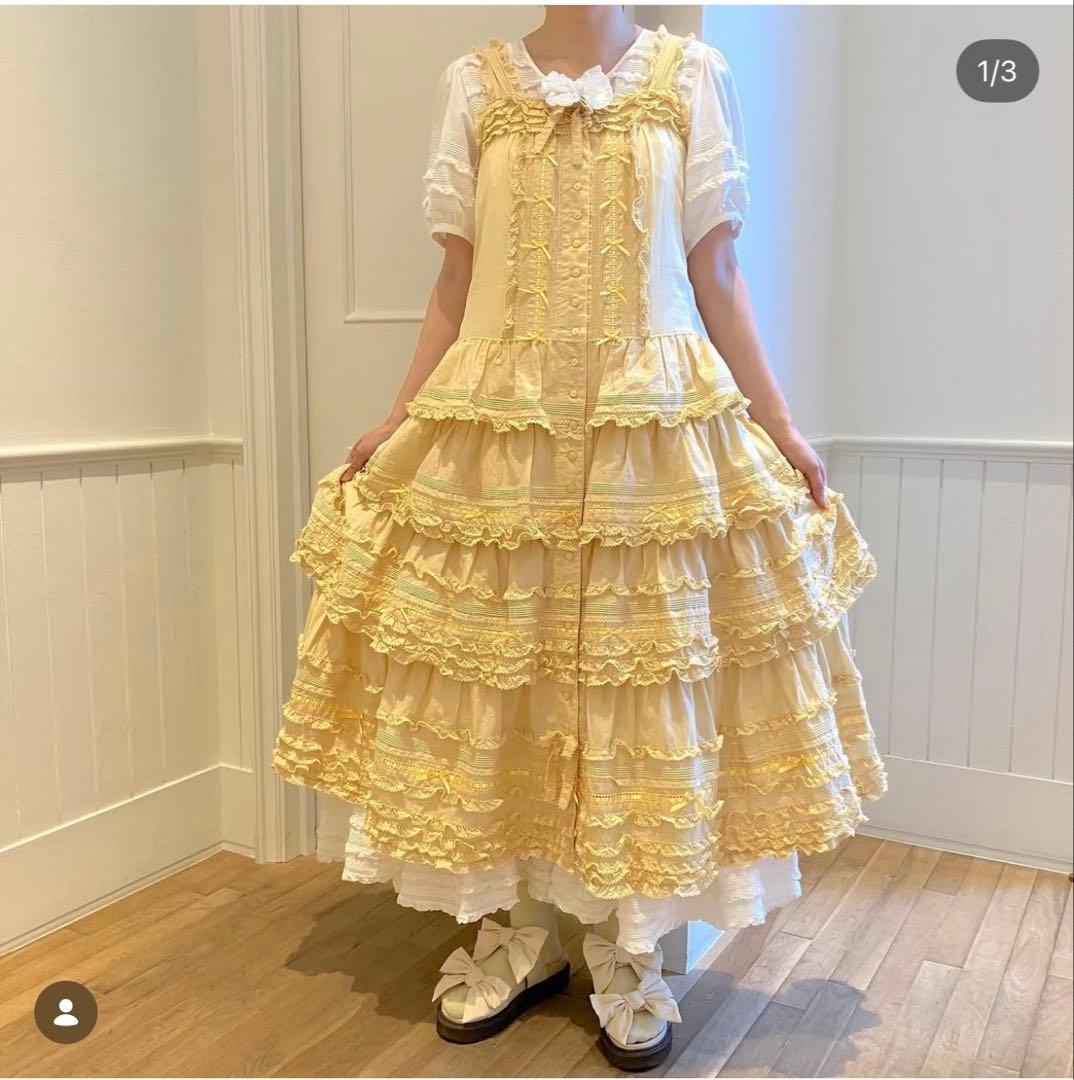 pinkhouse フリル付きクリームイエローノースリーブワンピース