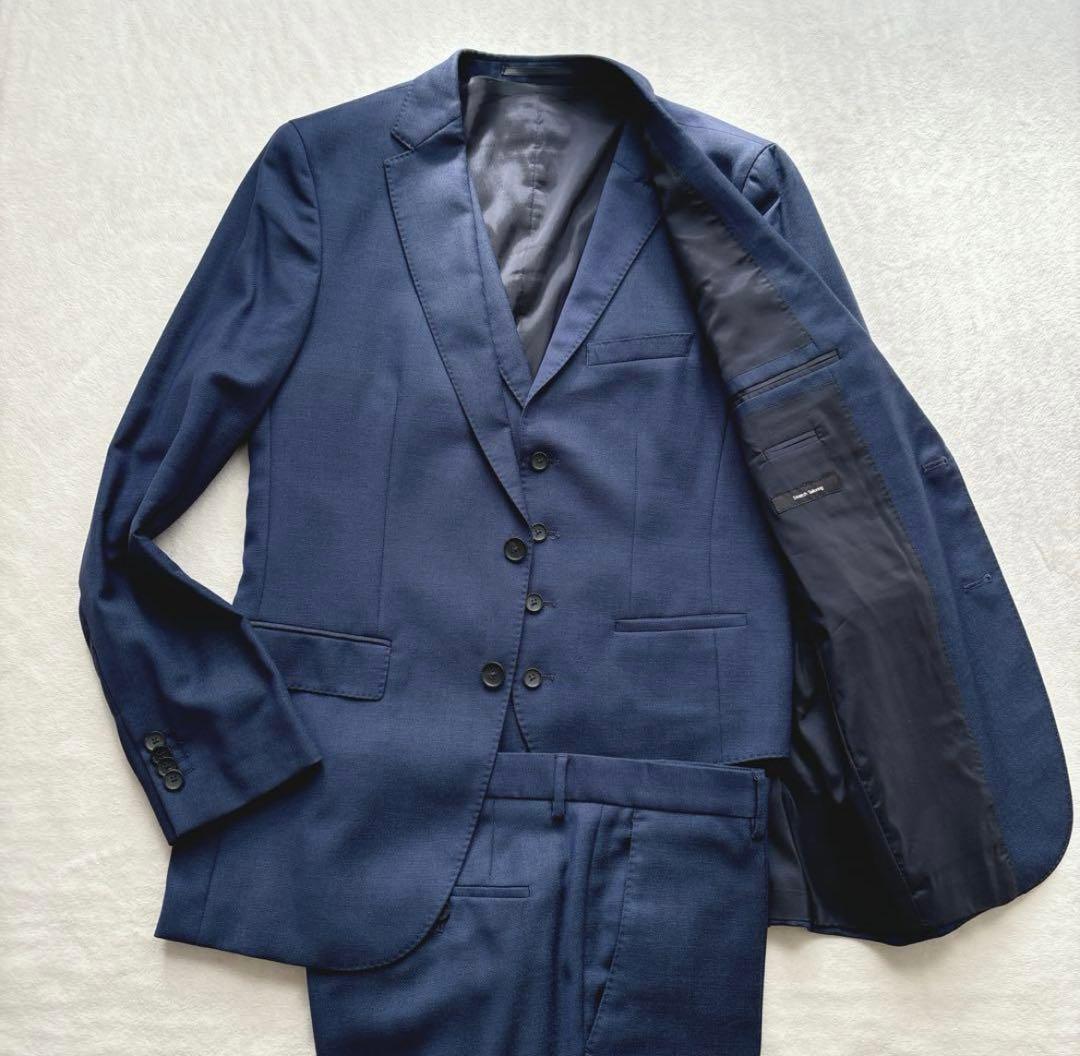 【美品】ヒューゴボス　スリーピーススーツ　ブルー系　ストレッチ性　メンズ　紳士服