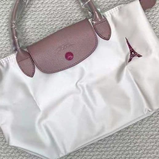 Longchamp エッフェル塔刺繍 ハンドバッグ S ホワイト/ピンク