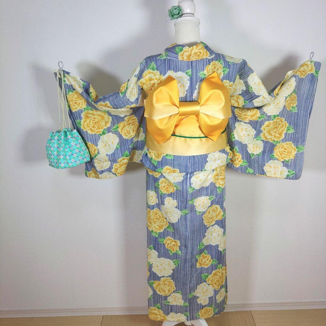 レディース　浴衣セット　身丈154cm　紺　黄　花　ストライプ　作り帯　リボン