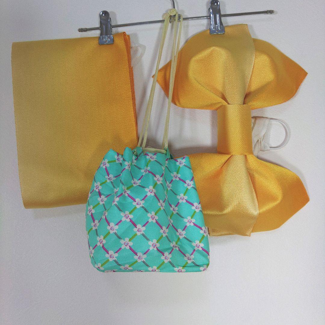 レディース　浴衣セット　身丈154cm　紺　黄　花　ストライプ　作り帯　リボン