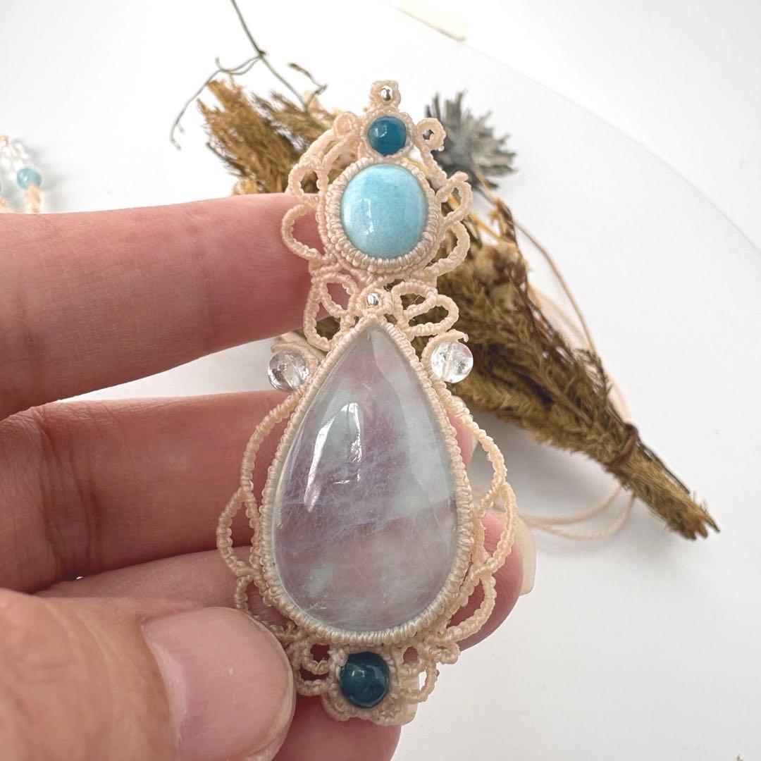 アクアマリン×ラリマー×アパタイトビーズのマクラメネックレス