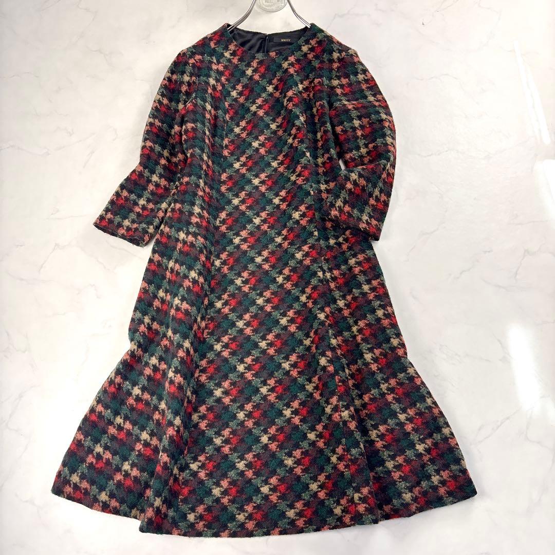 現行 美品✨銀座マギー ツイードロングワンピース フレア ハウンドトゥース柄 L