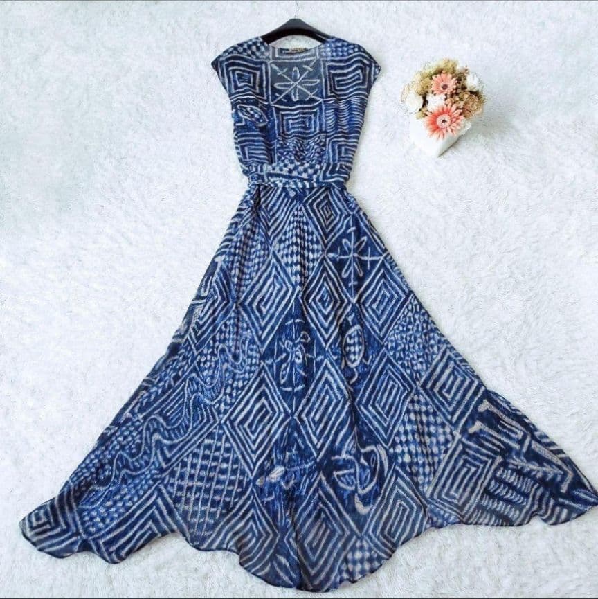 美品 ポロラルフローレン　ワンピース　マキシ丈　シルク100　リボン　総柄　M