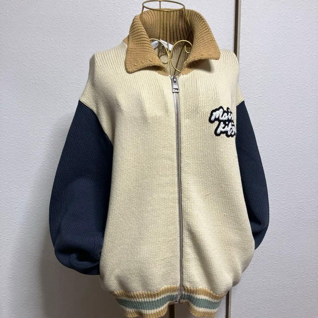 【メゾンキツネ】 綿ニットセーターブルゾンアイボリー/ネイビー✨いさお✨