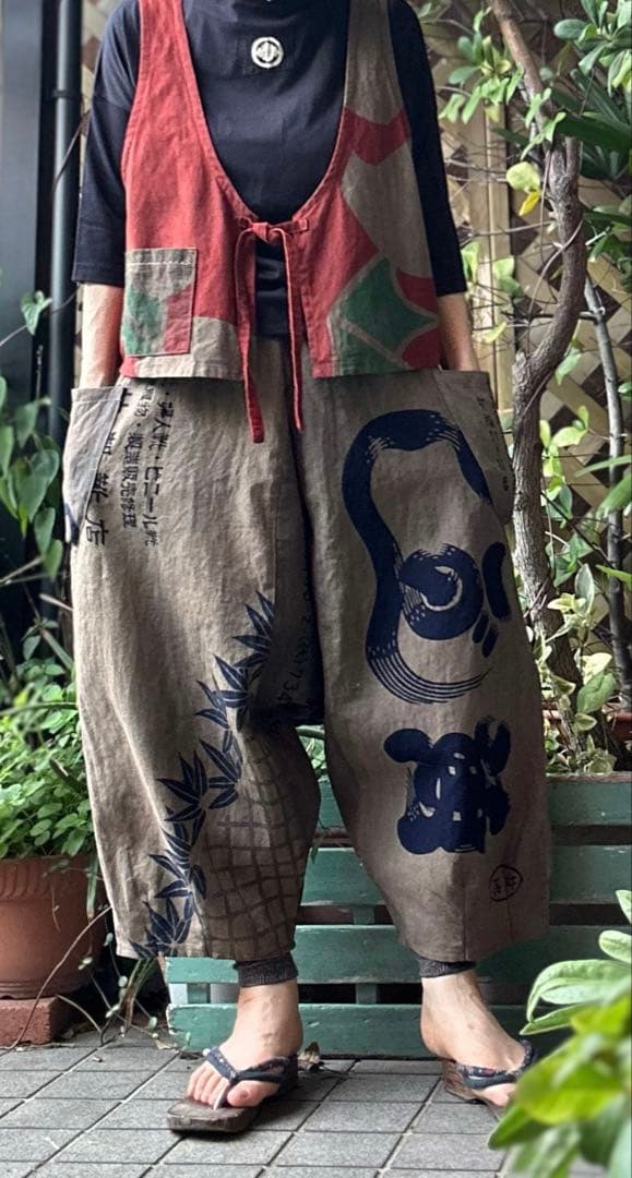 柿渋染め　手ぬぐい　サルエルパンツ