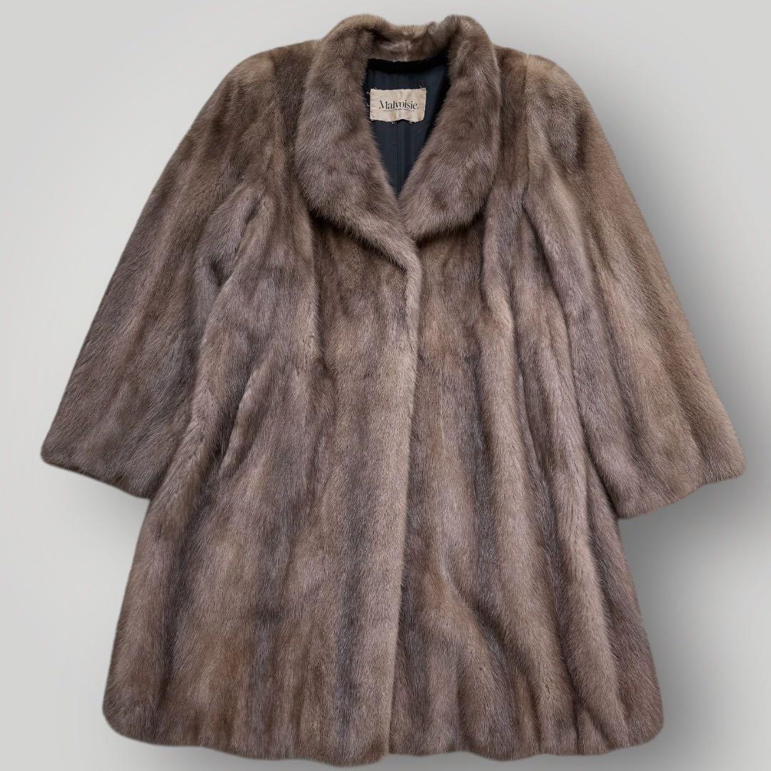 美品 ブルーアイリスミンク 本毛皮 リアルファーコート なめし柔らか サイズL