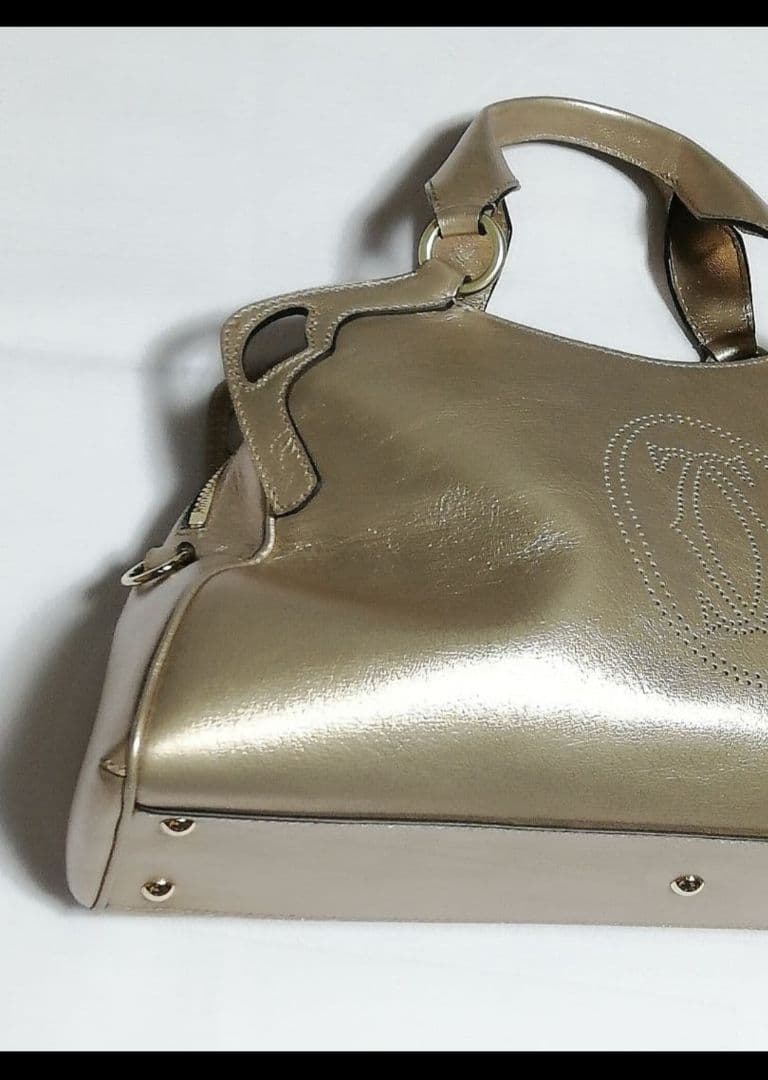 カルティエCartier マルチェロ レザー ハンドバッグ ブロンズ ゴールド