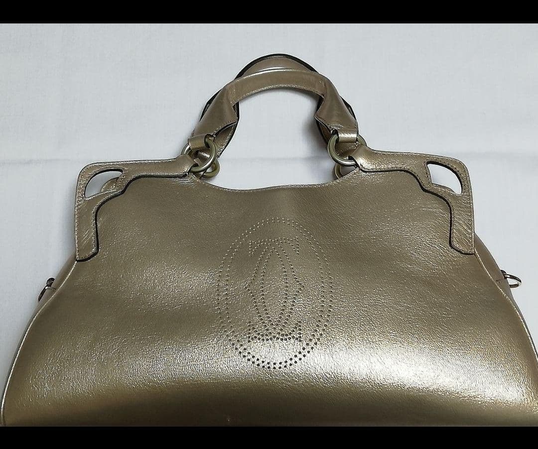 カルティエCartier マルチェロ レザー ハンドバッグ ブロンズ ゴールド