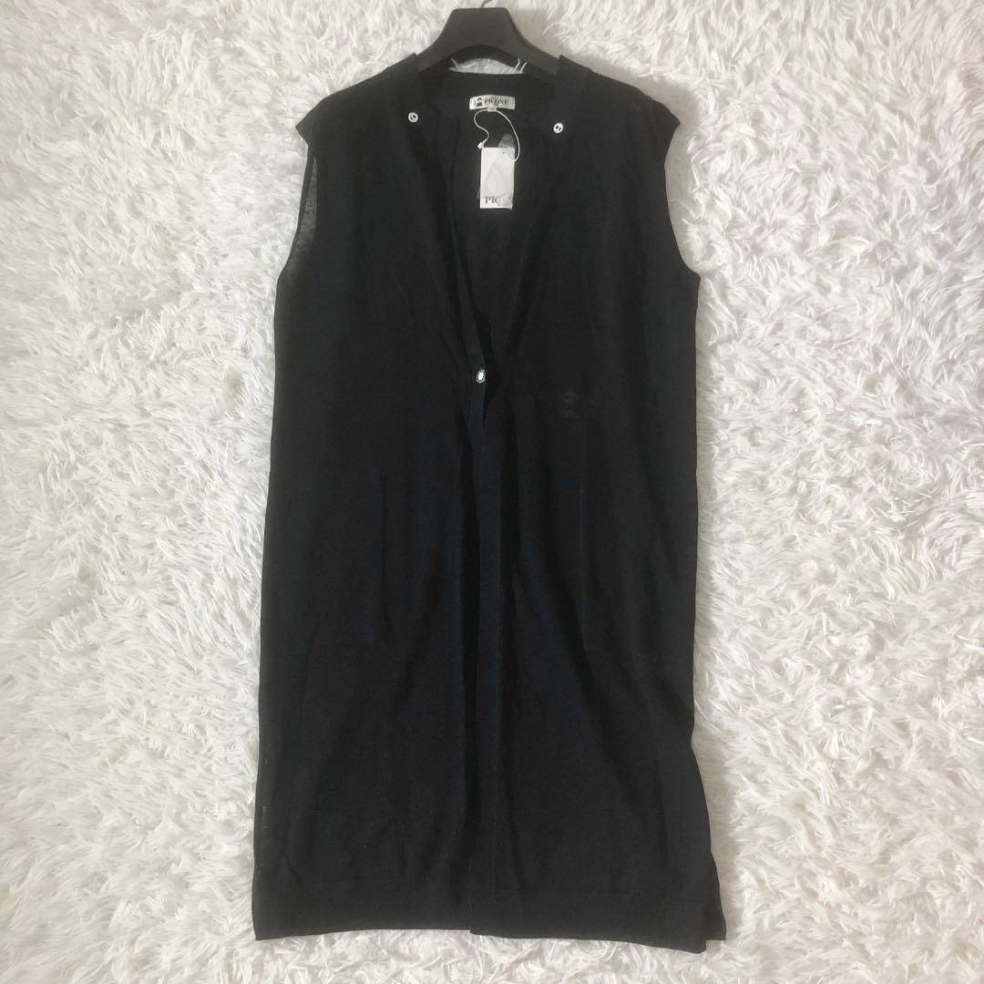 新品未使用 ピッコーネ 24SS 麻混ロングニットベスト ロゴ刺繍 ネイビー