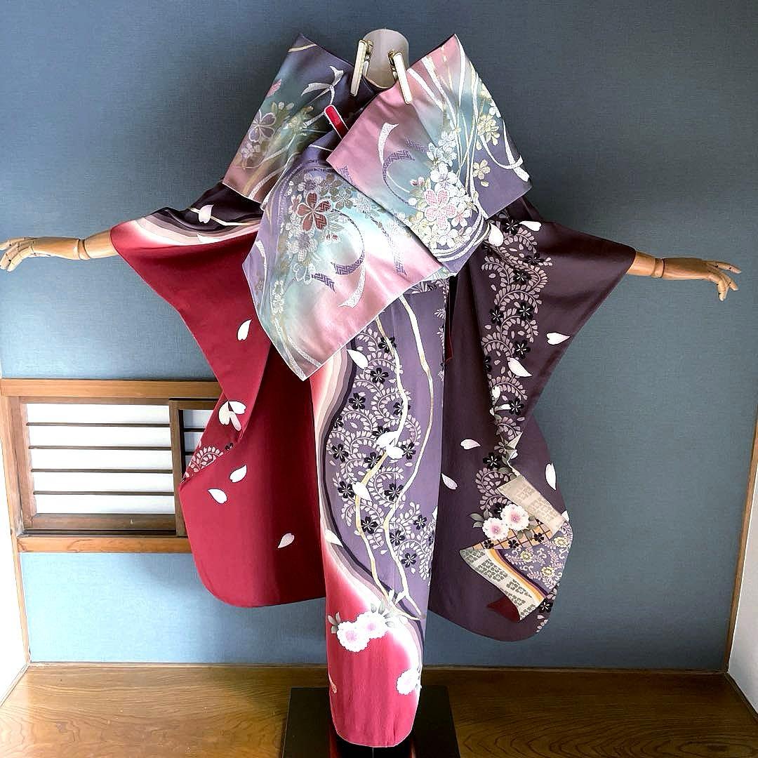 振袖フルセット　灰紫　錆朱　染分け　手描き友禅　成人式振袖　振袖