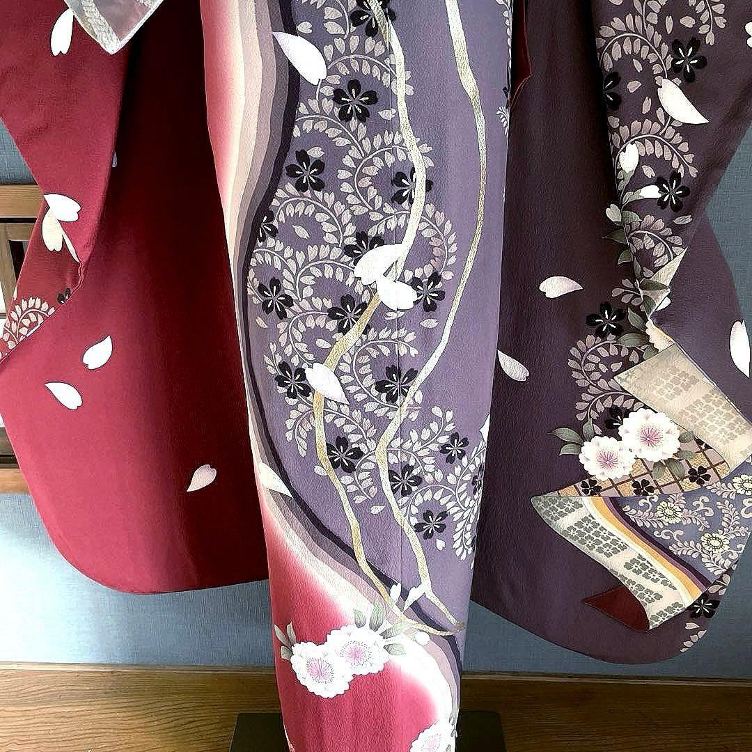 振袖フルセット　灰紫　錆朱　染分け　手描き友禅　成人式振袖　振袖