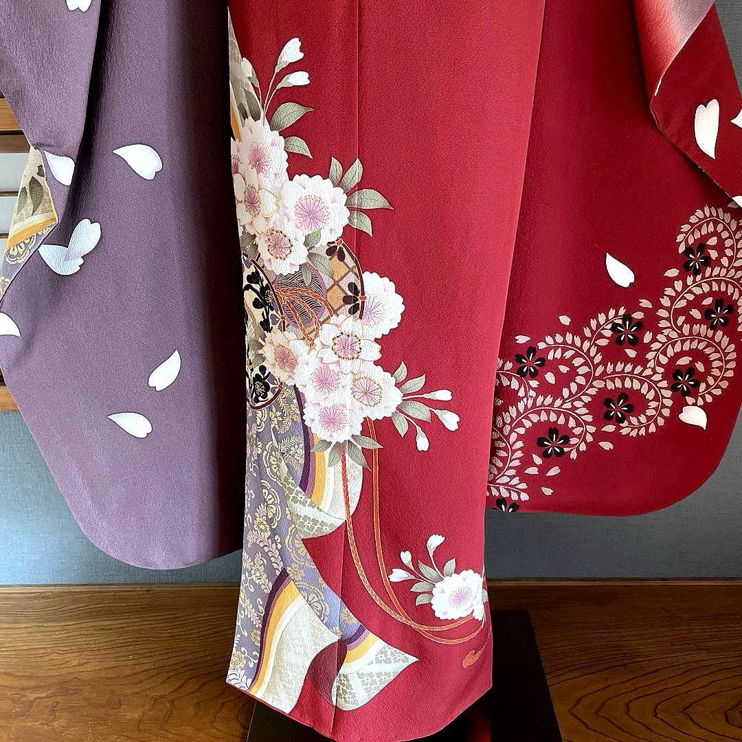 振袖フルセット　灰紫　錆朱　染分け　手描き友禅　成人式振袖　振袖