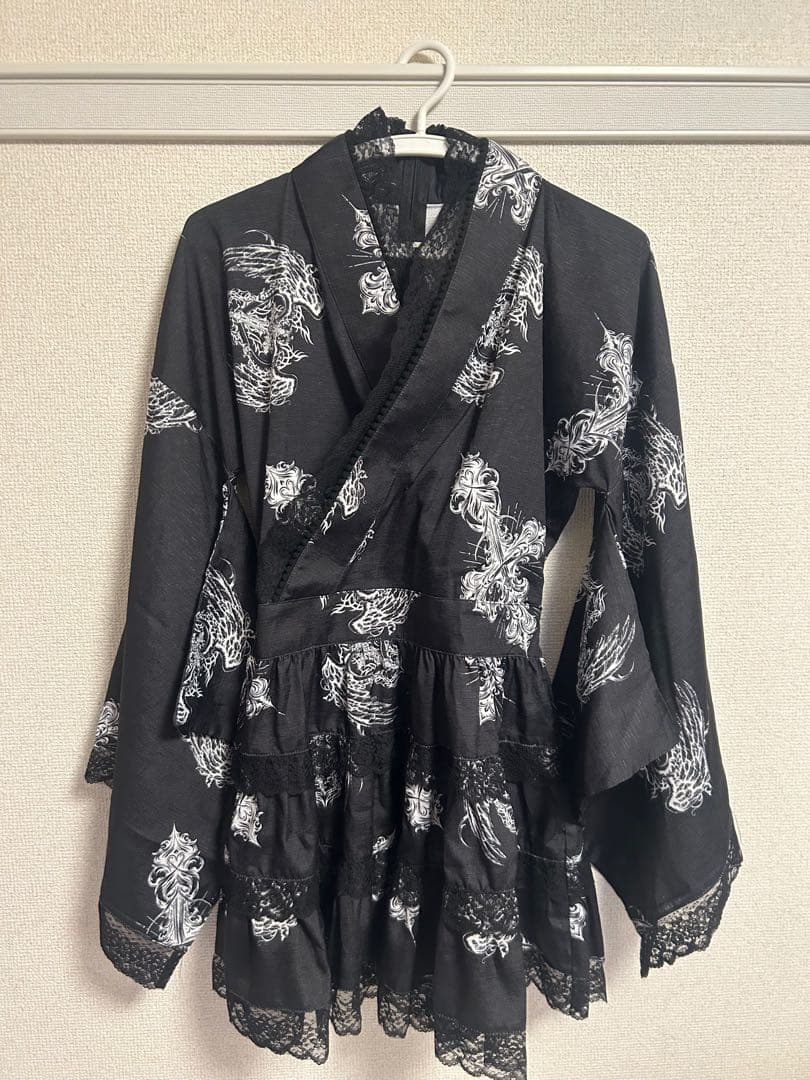 amilige クロスハート羽総柄浴衣ワンピース＋帯セット　地雷　ミニ浴衣