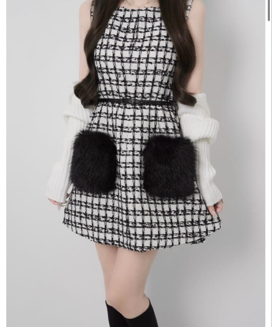 未使用！ルミニョン ツイードワンピース【ホワイト×ブラック】Sサイズ