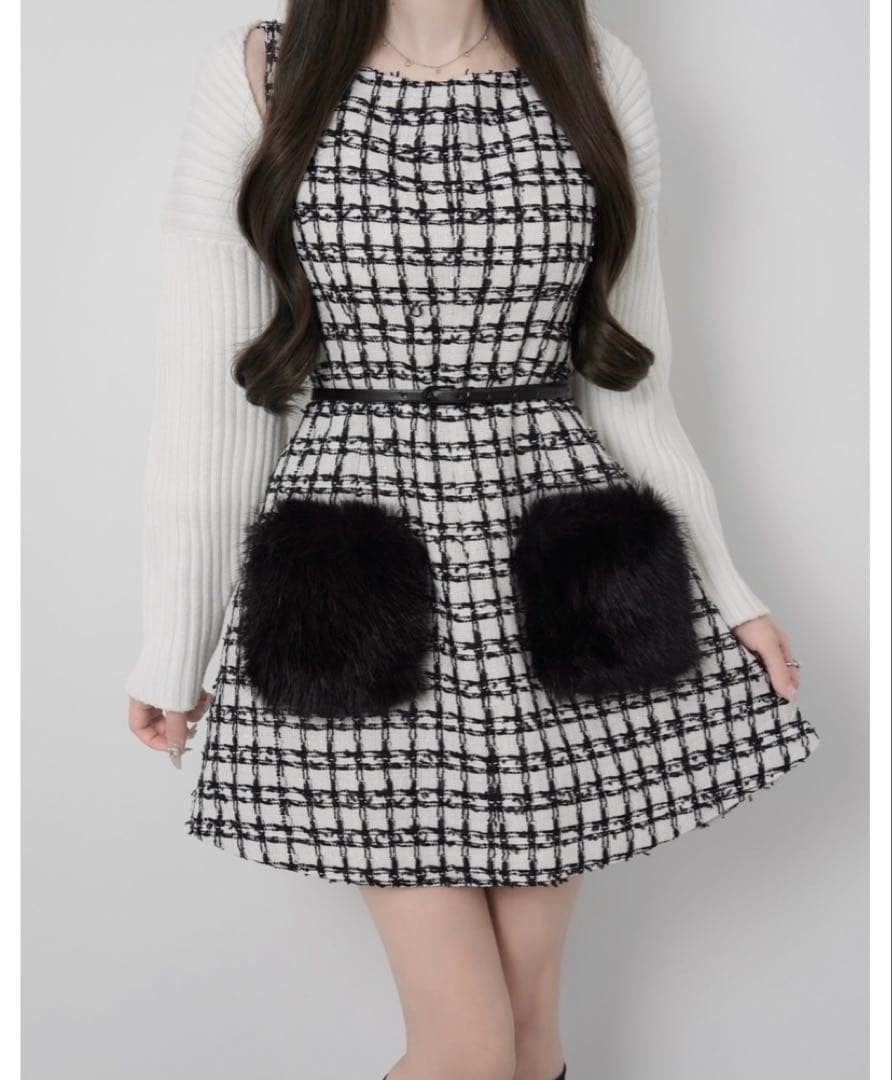 未使用！ルミニョン ツイードワンピース【ホワイト×ブラック】Sサイズ