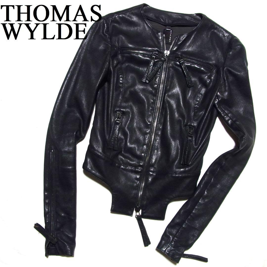 トーマスワイルド ノーカラー レザー ライダース ジャケット 0 黒 ブラック