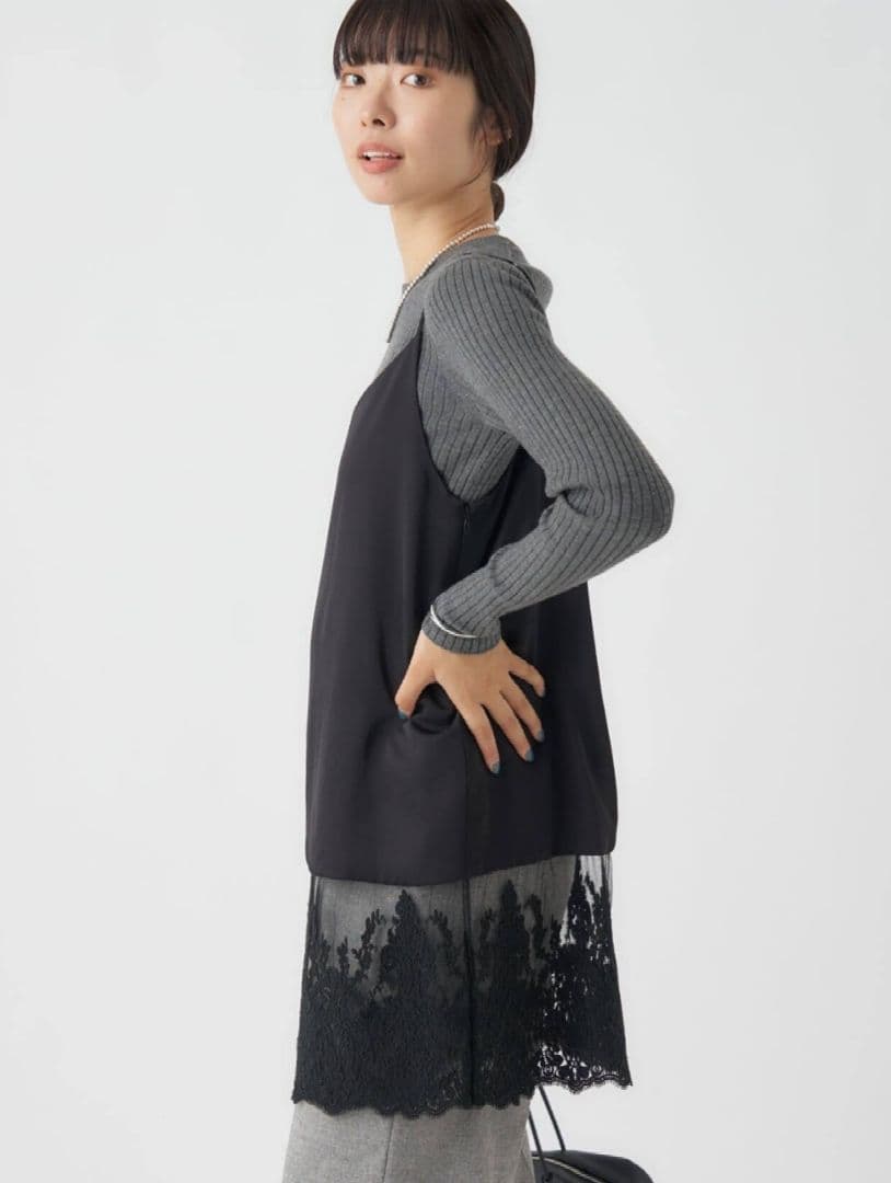 新品 IENASatinレース キャミソールワンピース ブラック