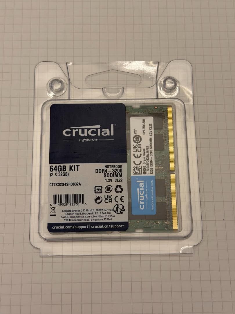 crucial 64GB(32GBx2)DDR4-3200 SODIMM メモリ