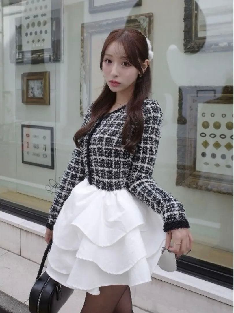 Darich ボリュームフリルツイードニットミニワンピース ブラック Fサイズ