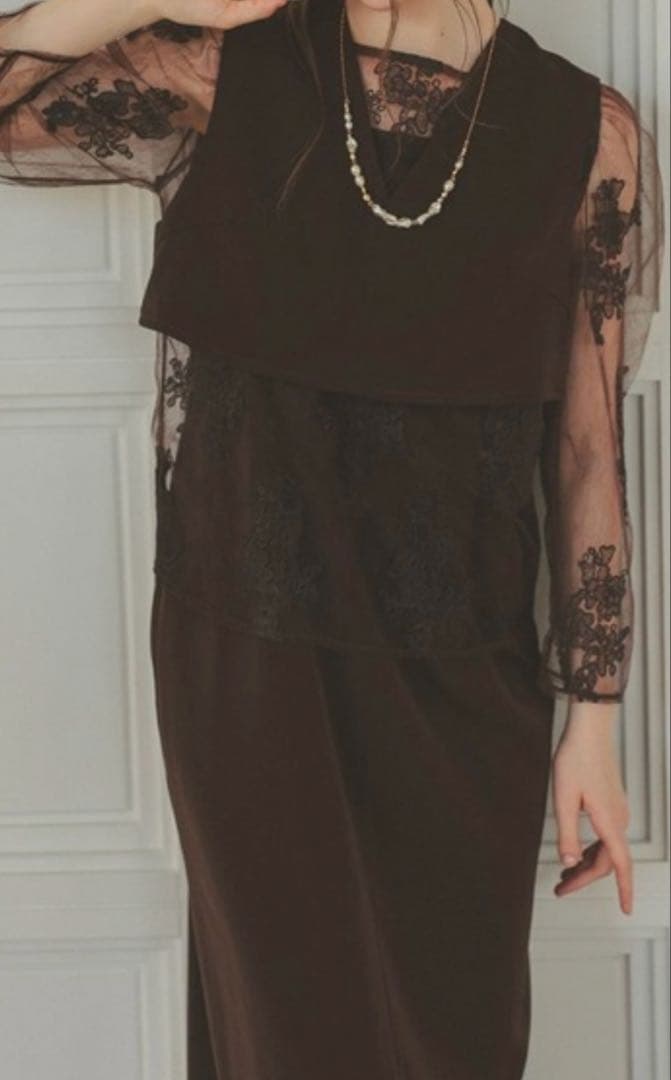 「お呼ばれドレス」マルチレイヤードドレス　ブラウン