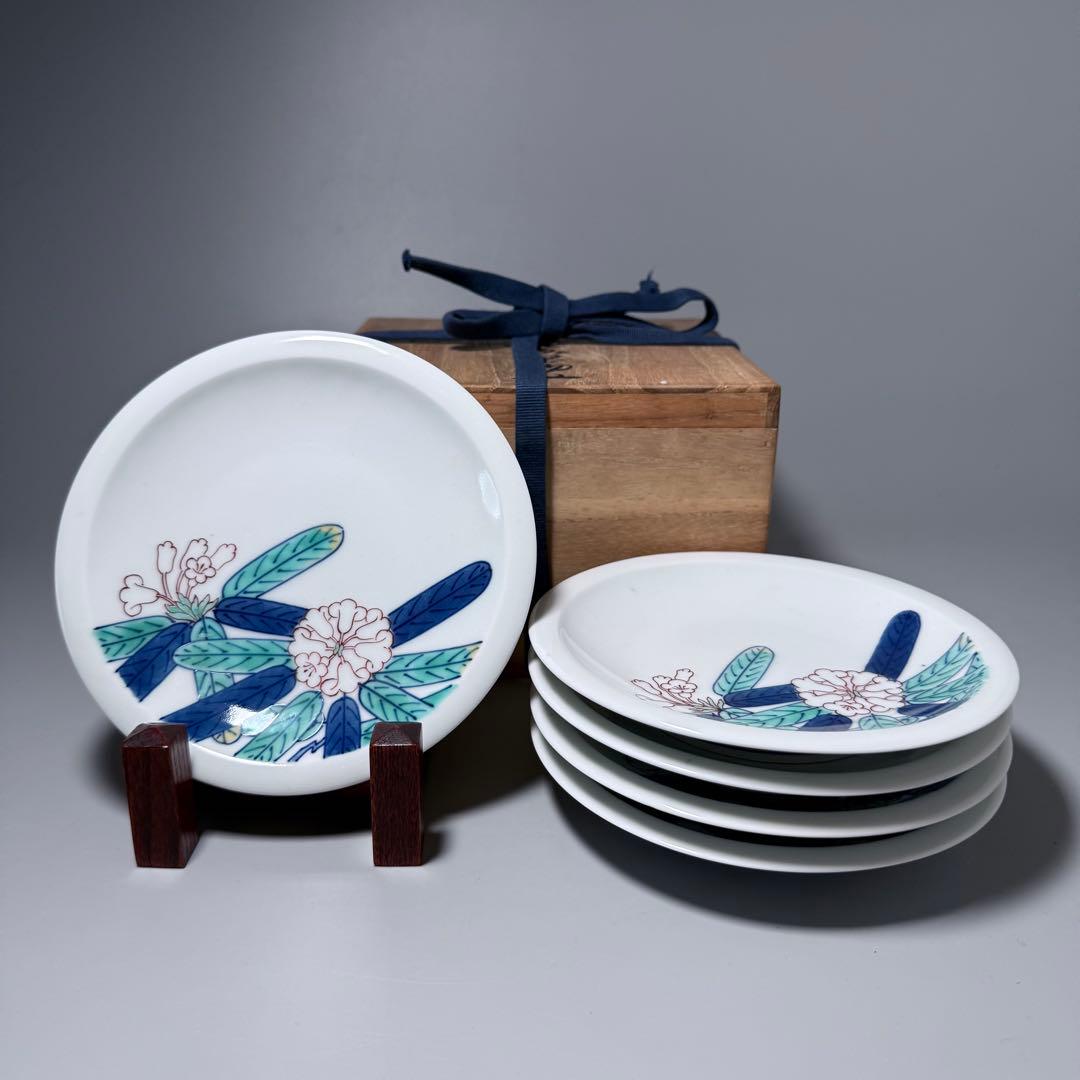 十二代　今泉今右衛門　錦石楠花画　果物皿　五枚　共箱　直径16.3cm