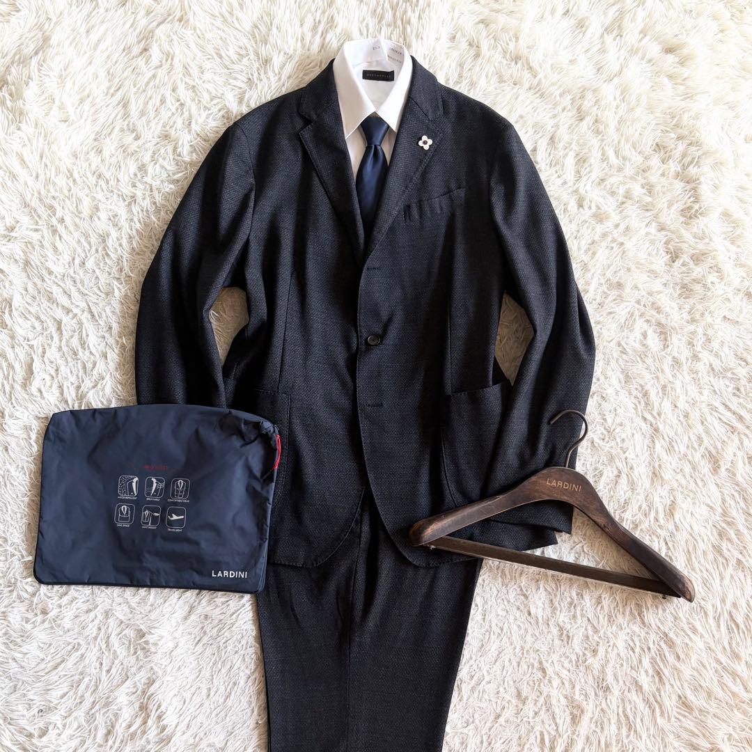 <美品>LARDINI easy wear新ロゴ ダークグレー ウールスーツ54