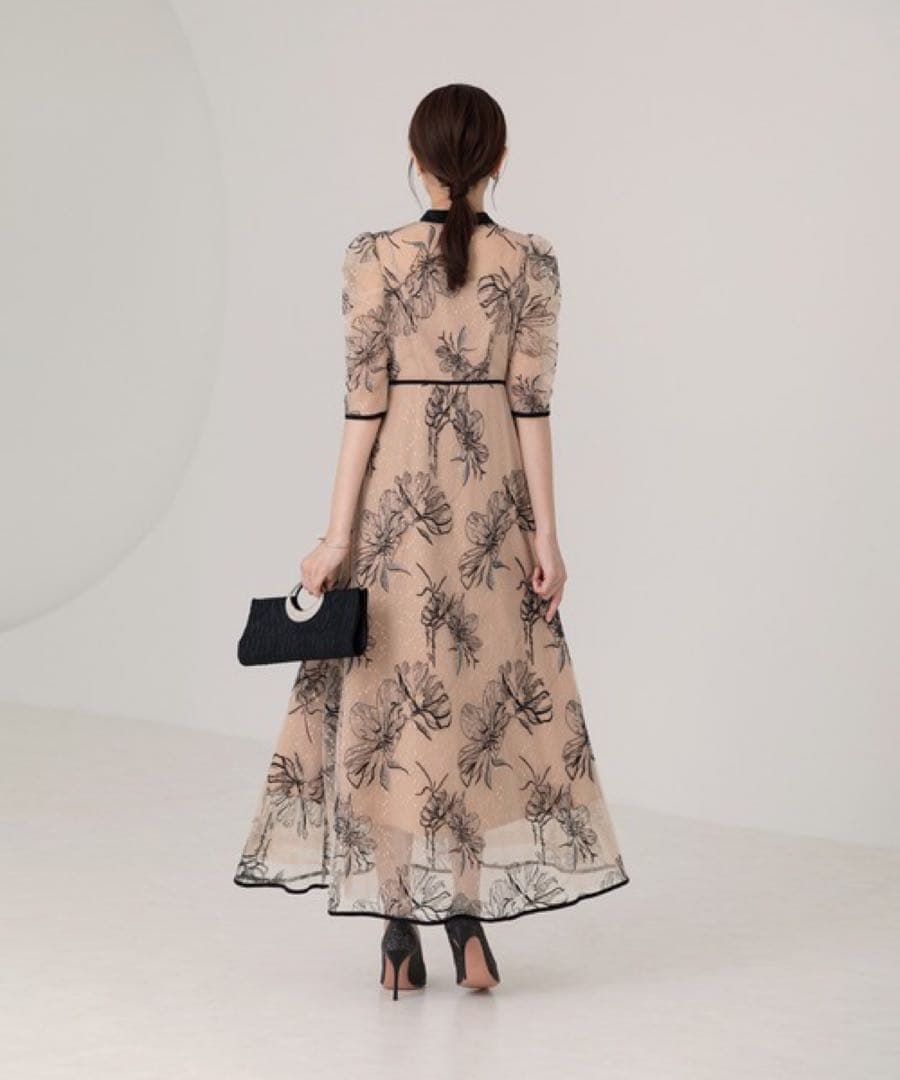 LEJA パイピングプチハイネック花柄刺繍ラメレースロング丈ドレス　Sサイズ