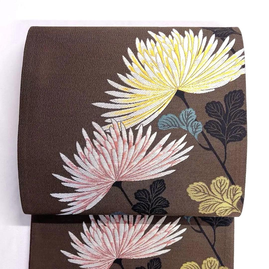 未着用　袋帯　リバーシブル　菊花　格子　壁糸　リーフ　着物　帯　041k