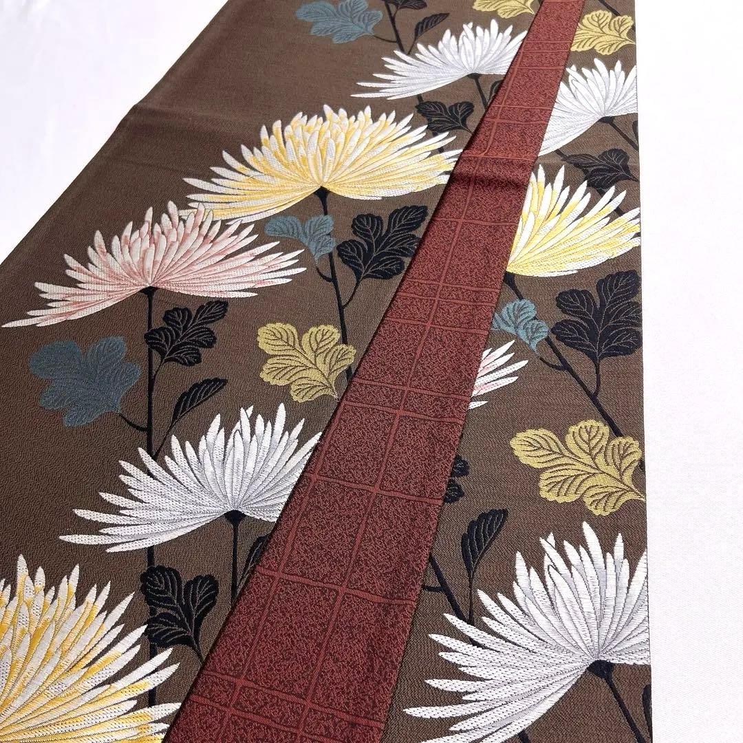未着用　袋帯　リバーシブル　菊花　格子　壁糸　リーフ　着物　帯　041k