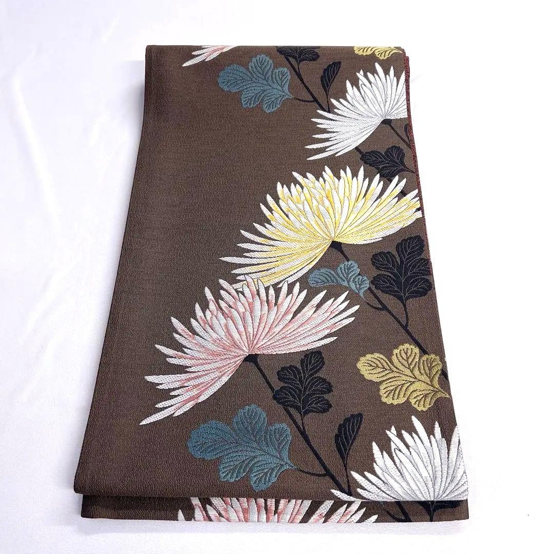 未着用　袋帯　リバーシブル　菊花　格子　壁糸　リーフ　着物　帯　041k