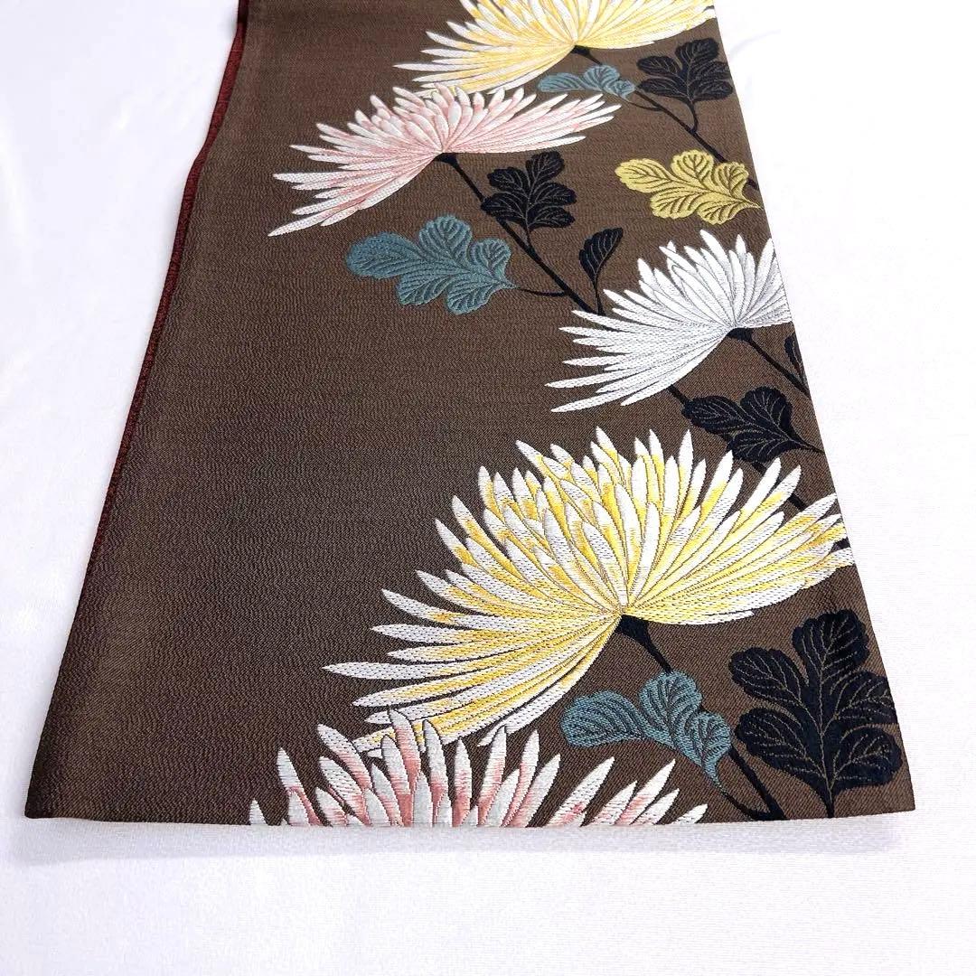 未着用　袋帯　リバーシブル　菊花　格子　壁糸　リーフ　着物　帯　041k