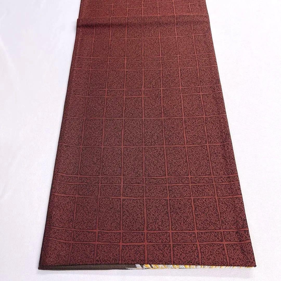 未着用　袋帯　リバーシブル　菊花　格子　壁糸　リーフ　着物　帯　041k