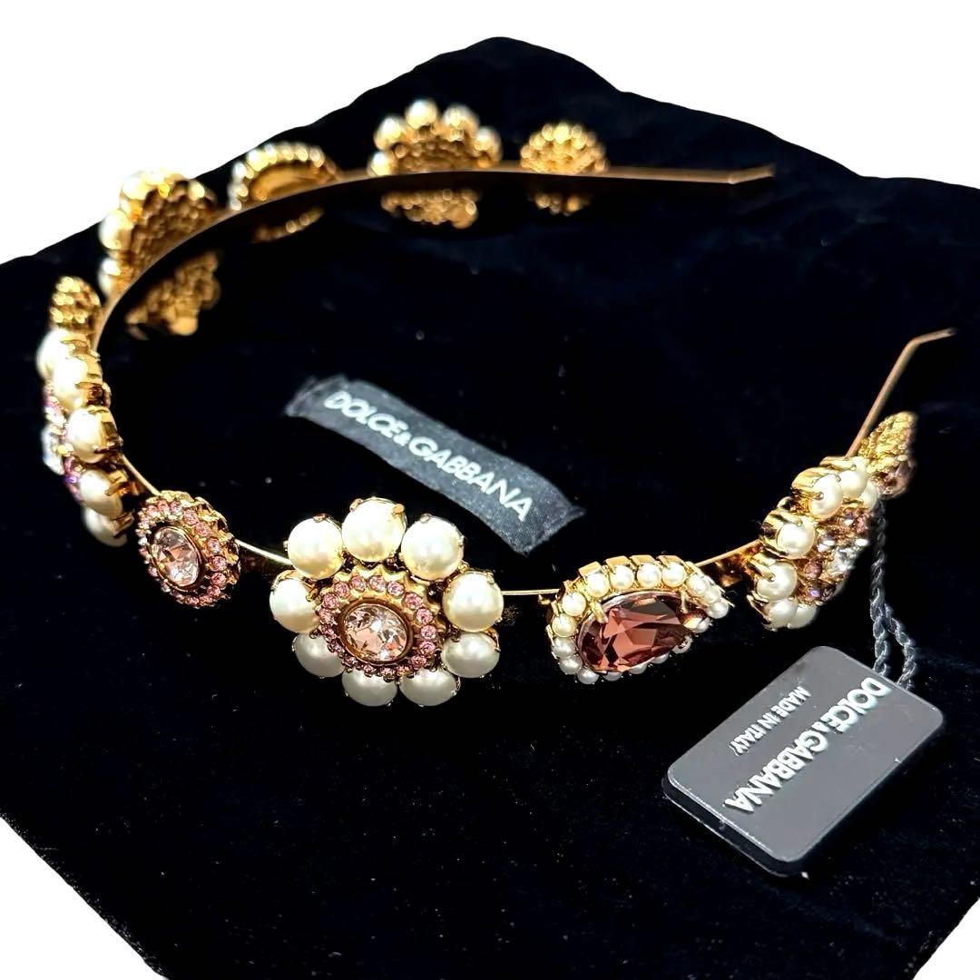 希少★ドルチェ＆ガッバーナ カチューシャ ビジュークリスタル フラワー パール