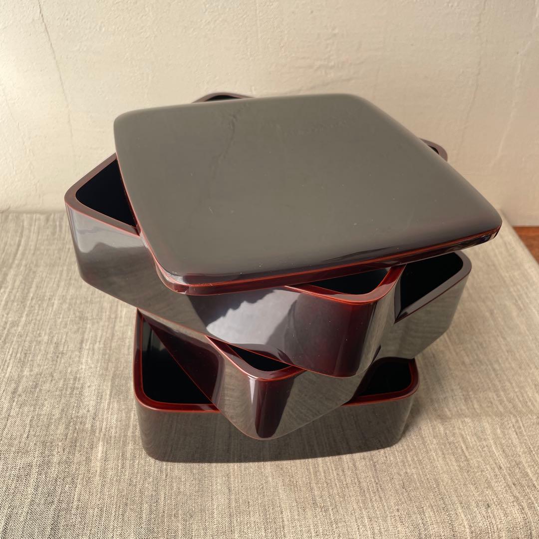 溜塗 木製 漆器 重箱 3段 19.5cm 黒　無地　胴張り