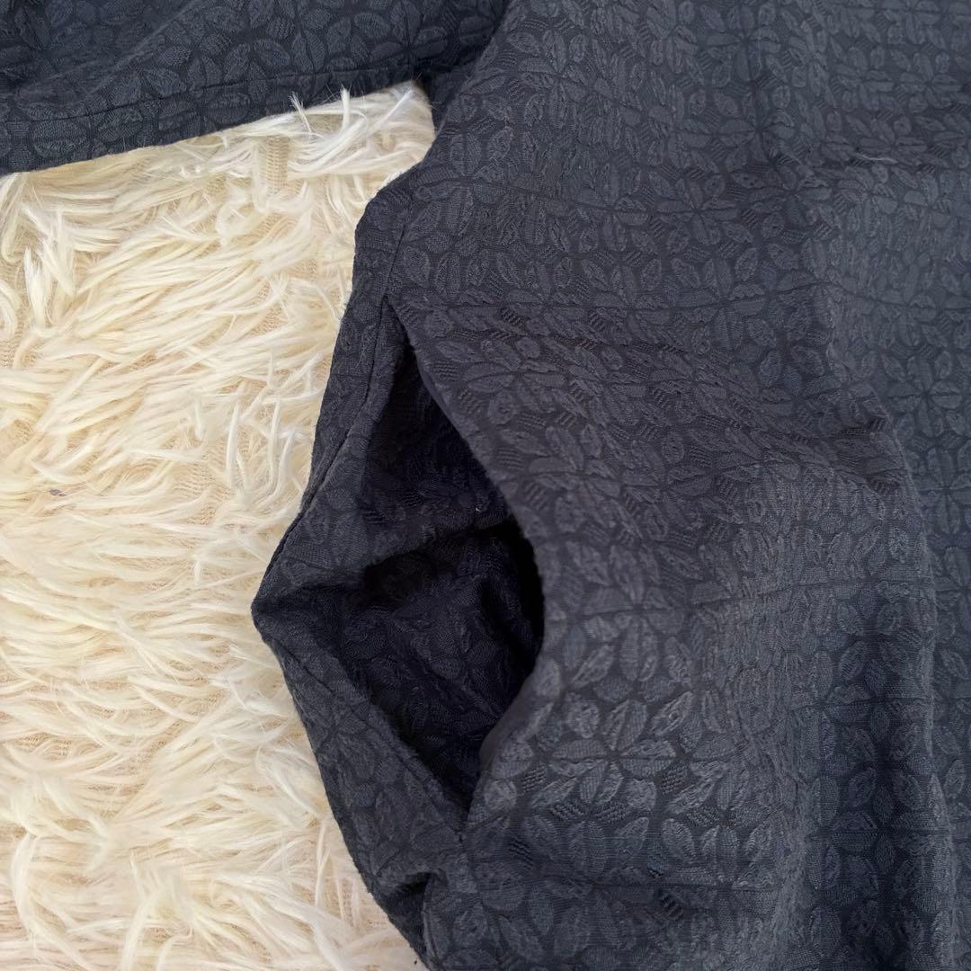 中川政七商店　麻混ワンピース　ジャガード　ふんわり袖　ゆったり　ポケット　紺