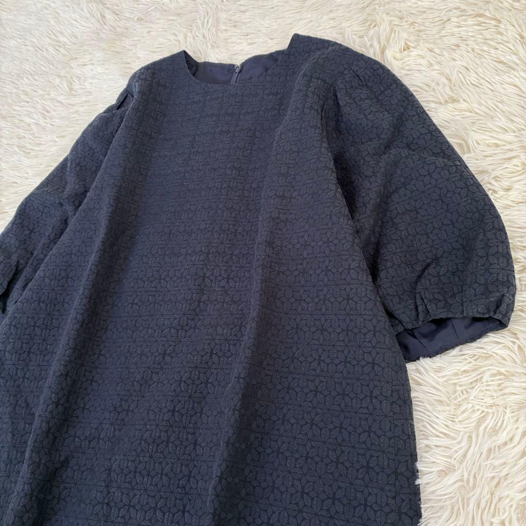 中川政七商店　麻混ワンピース　ジャガード　ふんわり袖　ゆったり　ポケット　紺