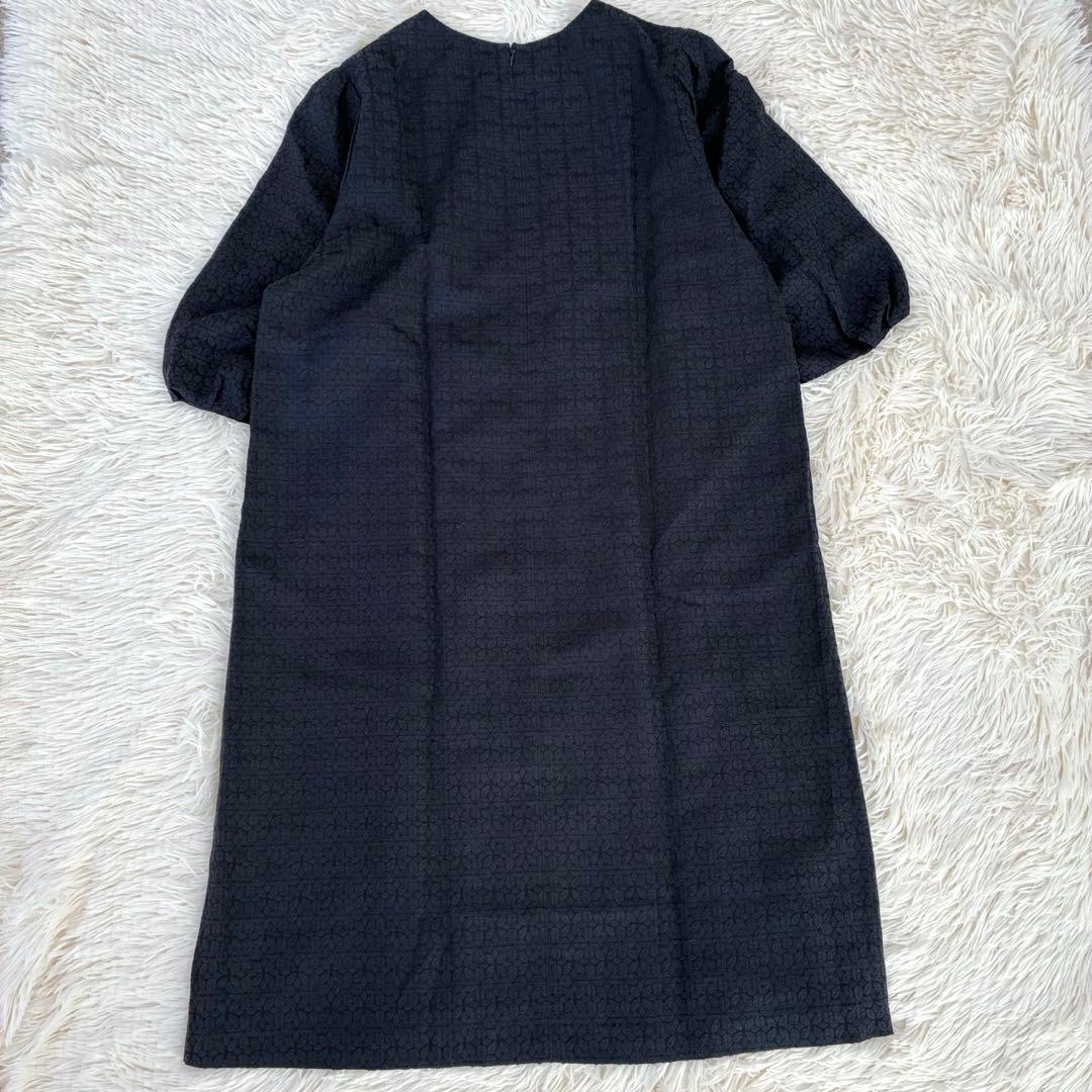 中川政七商店　麻混ワンピース　ジャガード　ふんわり袖　ゆったり　ポケット　紺