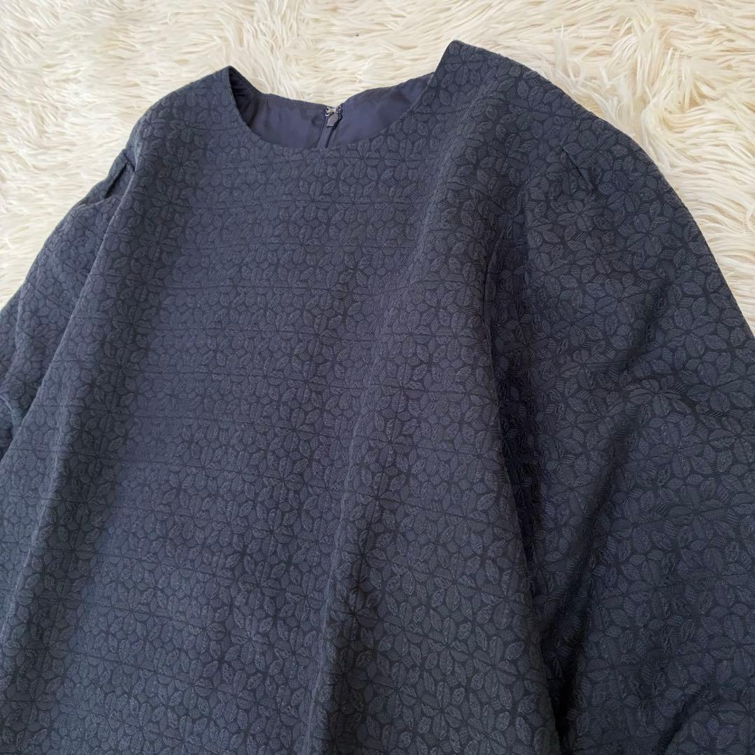 中川政七商店　麻混ワンピース　ジャガード　ふんわり袖　ゆったり　ポケット　紺