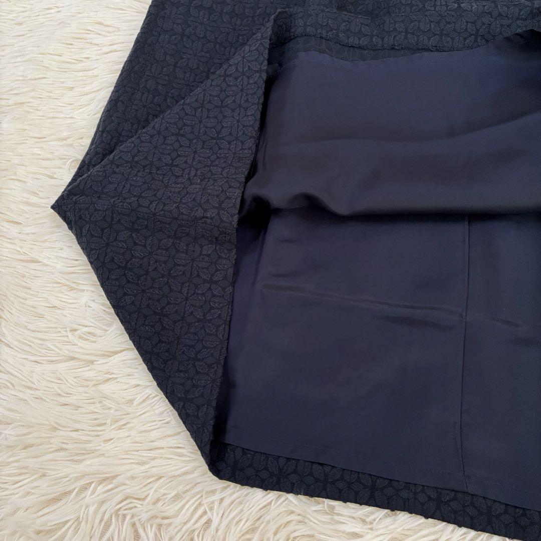 中川政七商店　麻混ワンピース　ジャガード　ふんわり袖　ゆったり　ポケット　紺