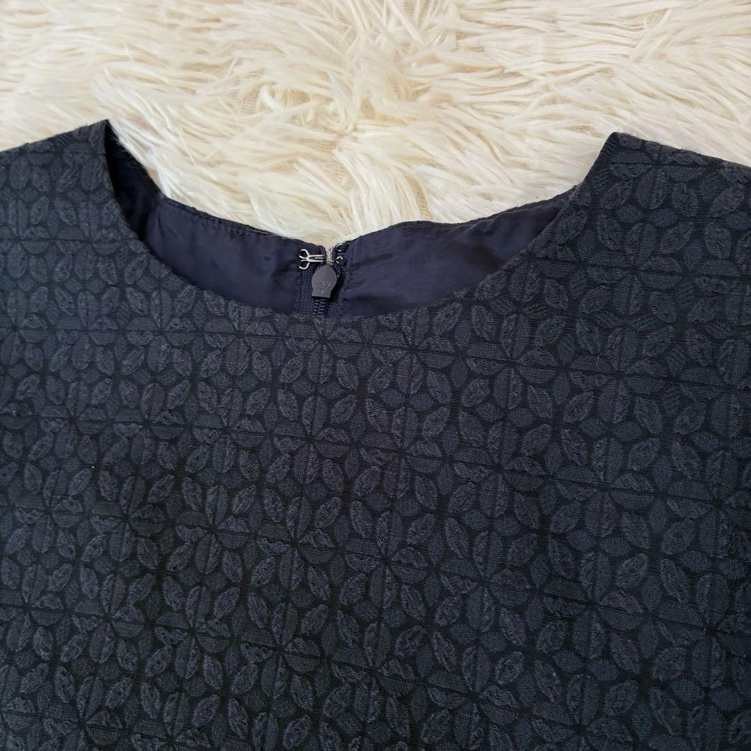 中川政七商店　麻混ワンピース　ジャガード　ふんわり袖　ゆったり　ポケット　紺