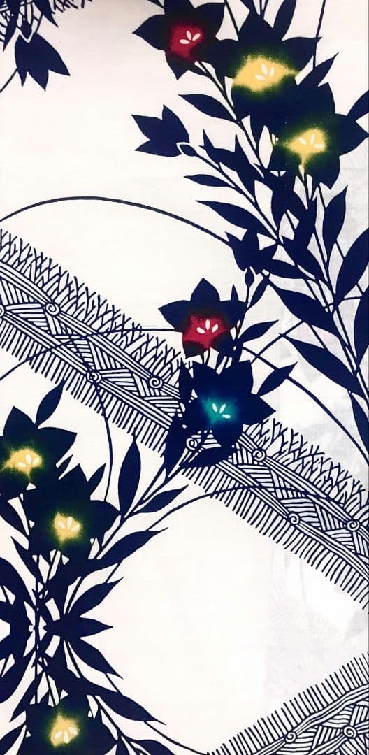 【浴衣】斜め変わり縞に桔梗模様 　注染　白地 　紺　粋　レトロモダン　古典 綿