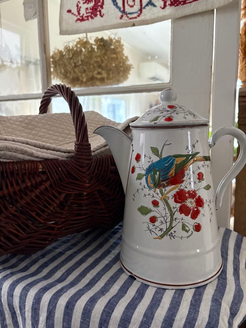 フランスアンティーク ホーロー 花と鳥の絵